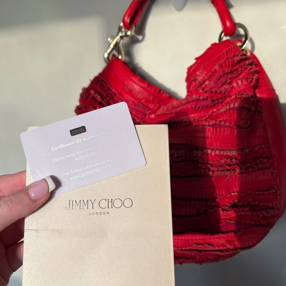 Jimmy Choo Red Suede Leather and Snakeskin Fringe Hobo Shoulder Bag - Picture 6 of 16